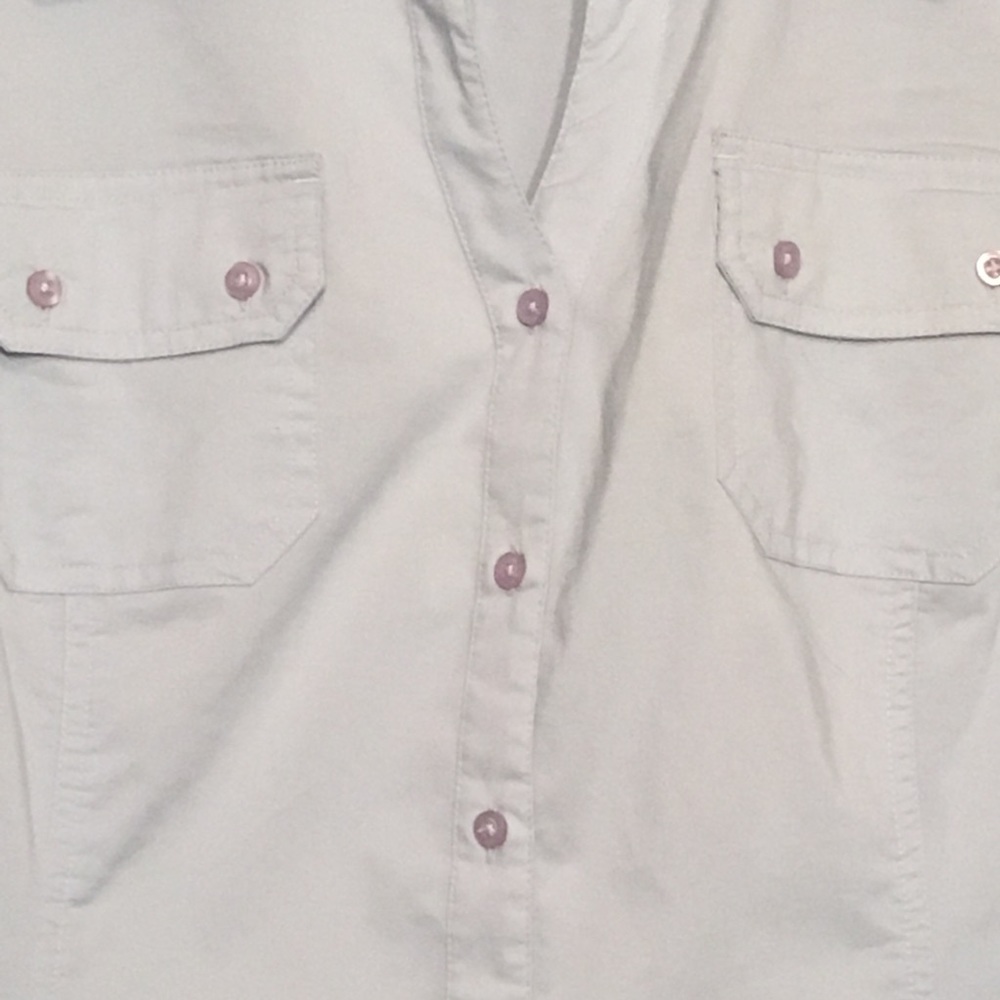 Blue Button Down 3/4 Sleeve Cotton Stretch Top - Picture 2 of 5